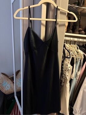 Divided Black Mini Slip Dress with Spaghetti Straps